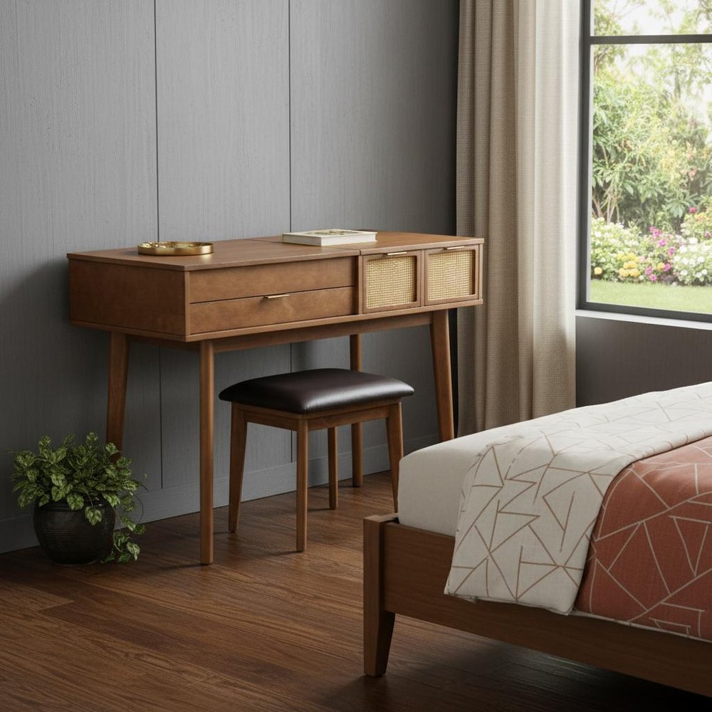 Brown Wood Mirrored Three Drawer Vanity Table - 43-inch