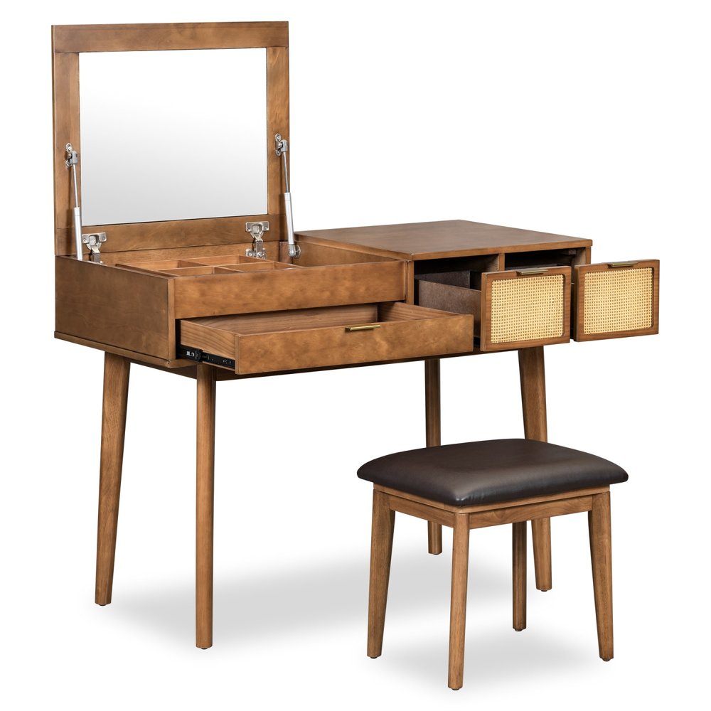 Brown Wood Mirrored Three Drawer Vanity Table - 43-inch