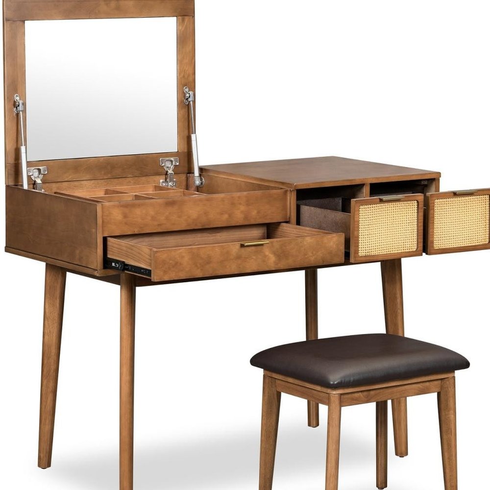 Brown Wood Mirrored Three Drawer Vanity Table - 43-inch