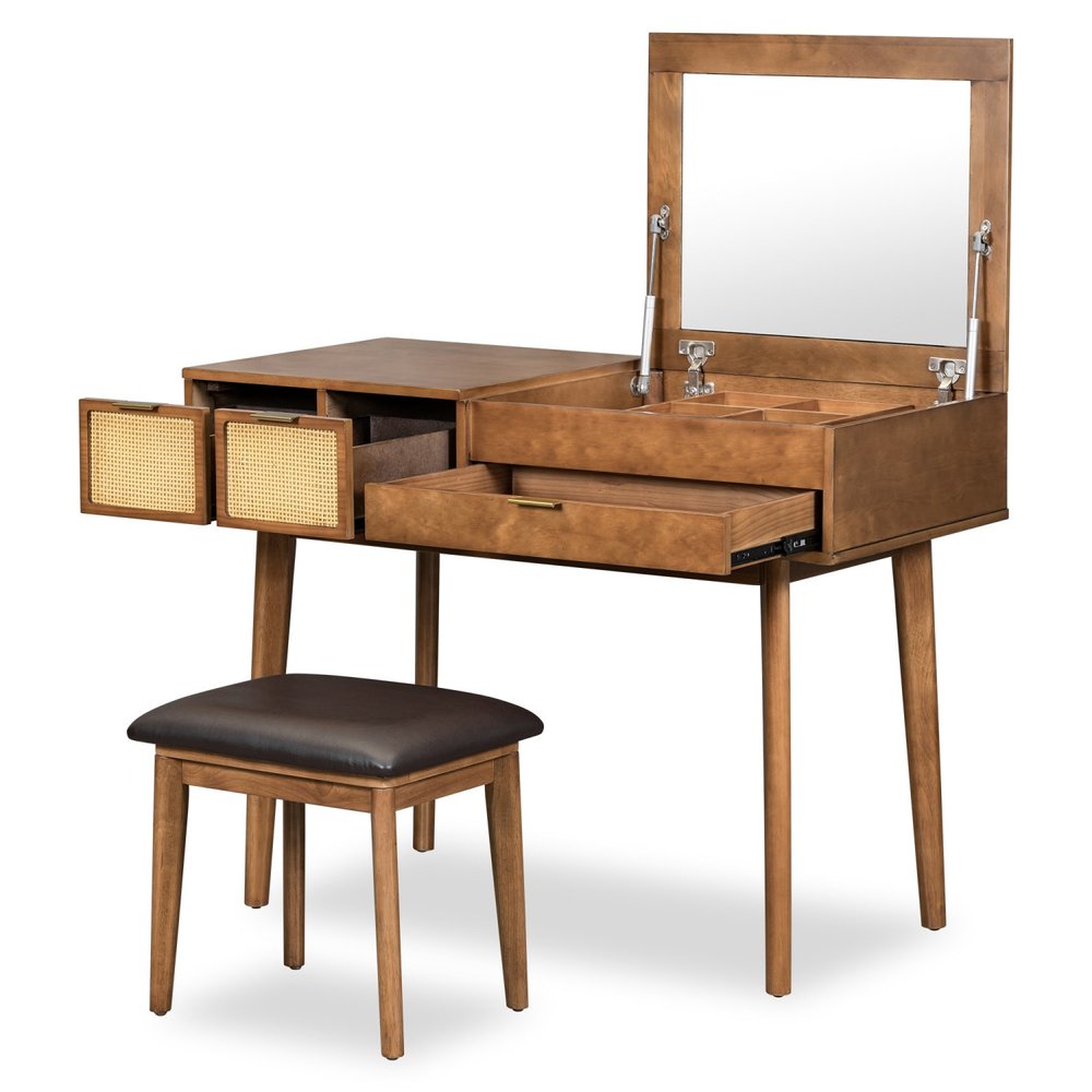 Brown Wood Mirrored Three Drawer Vanity Table - 43-inch