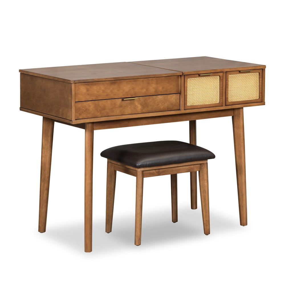 Brown Wood Mirrored Three Drawer Vanity Table - 43-inch
