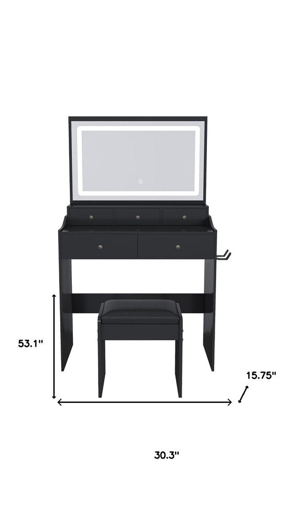 Black Wood Mirrored Five Drawer Vanity Table - 30-inch