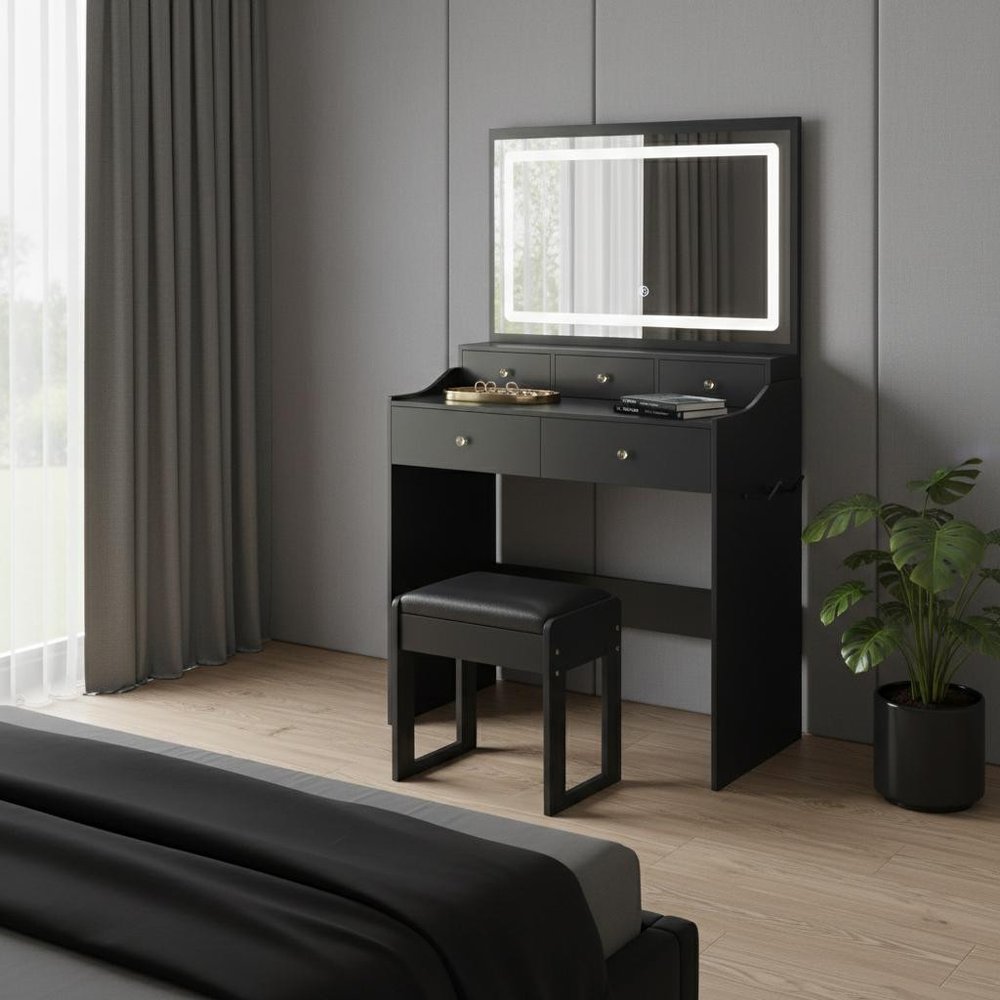 Black Wood Mirrored Five Drawer Vanity Table - 30-inch