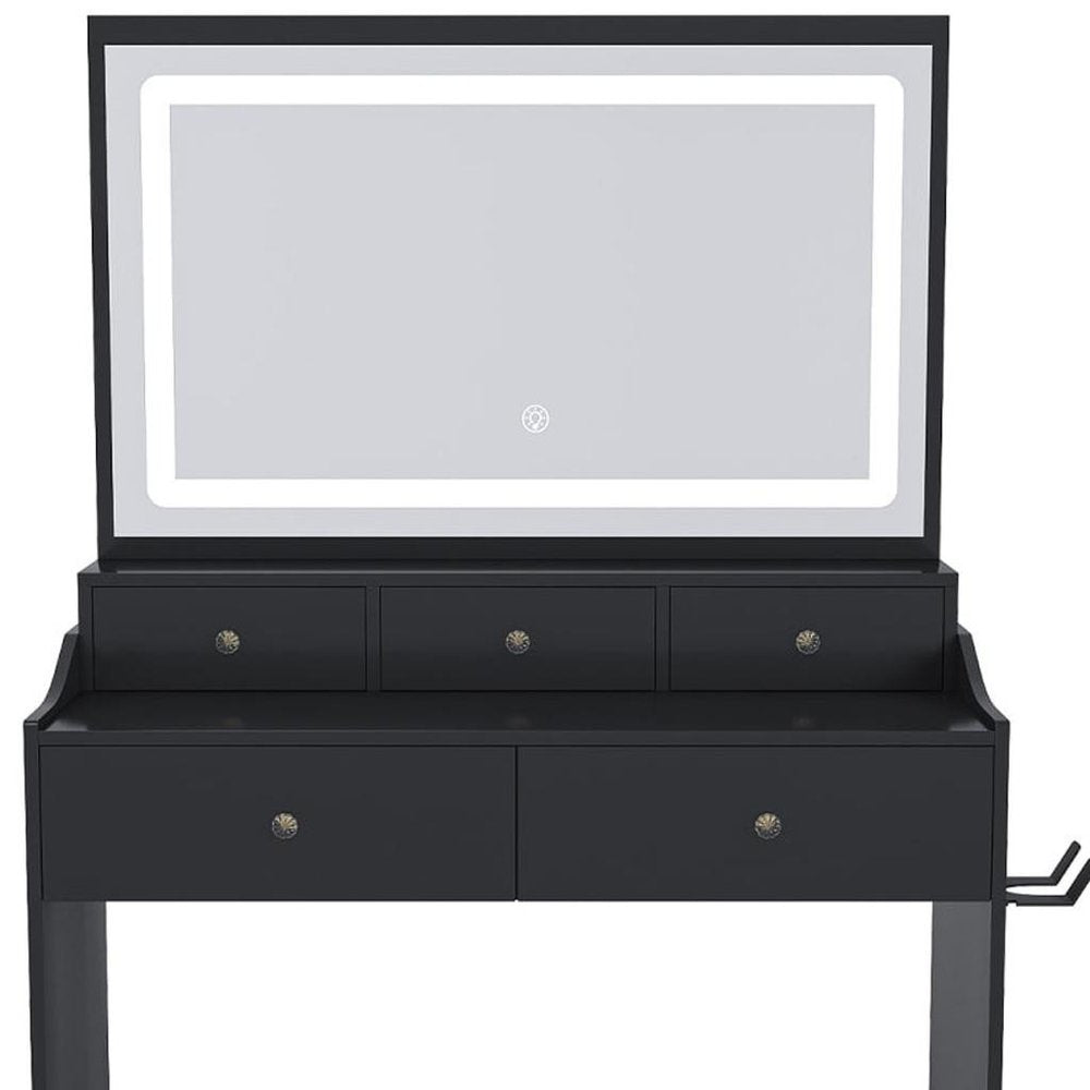 Black Wood Mirrored Five Drawer Vanity Table - 30-inch