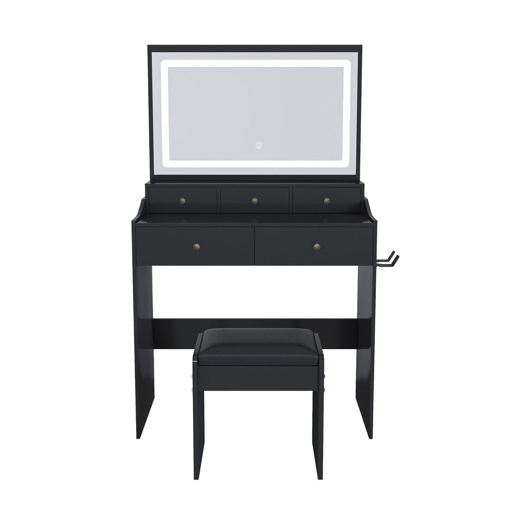 Black Wood Mirrored Five Drawer Vanity Table - 30-inch