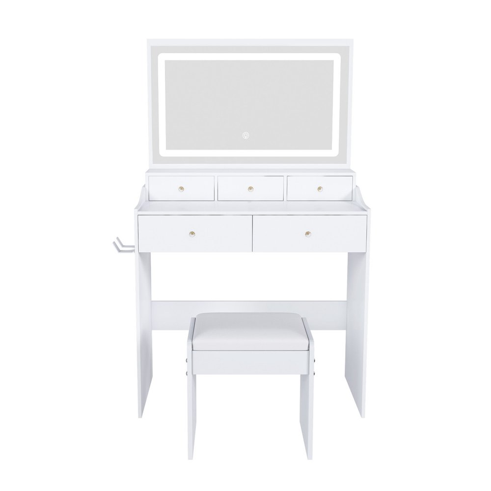 White Wood Mirrored Five Drawer Vanity Table - 30-inch