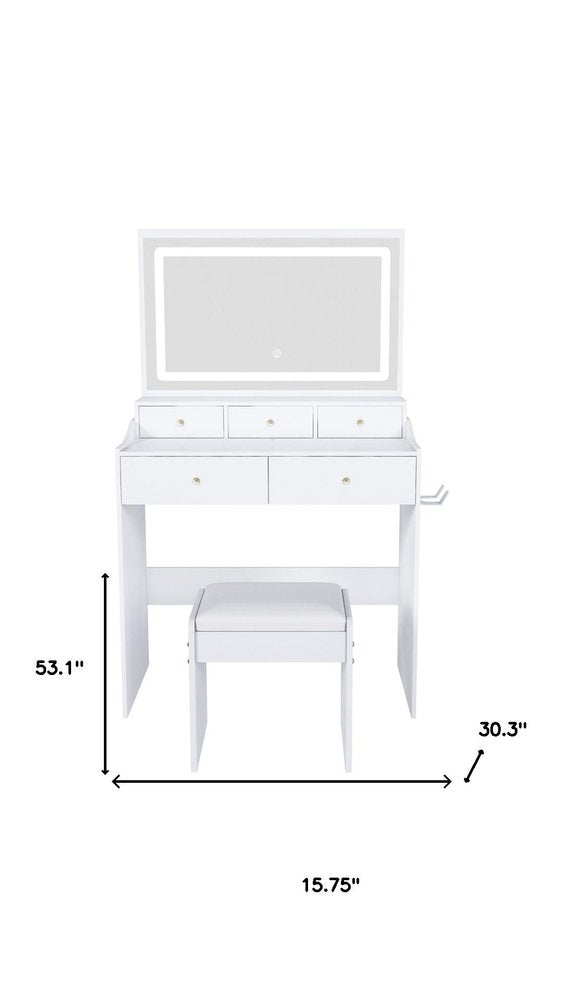 White Wood Mirrored Five Drawer Vanity Table - 30-inch