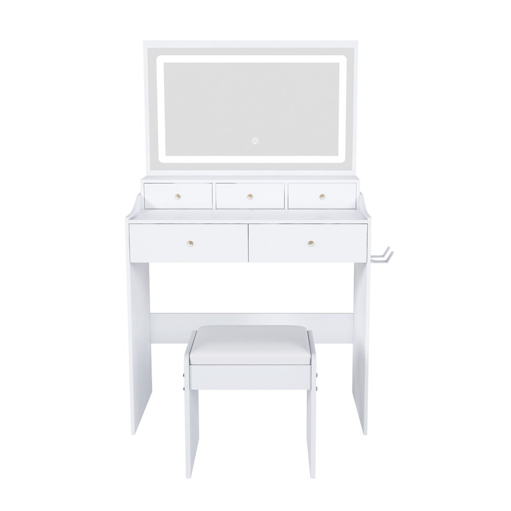 White Wood Mirrored Five Drawer Vanity Table - 30-inch