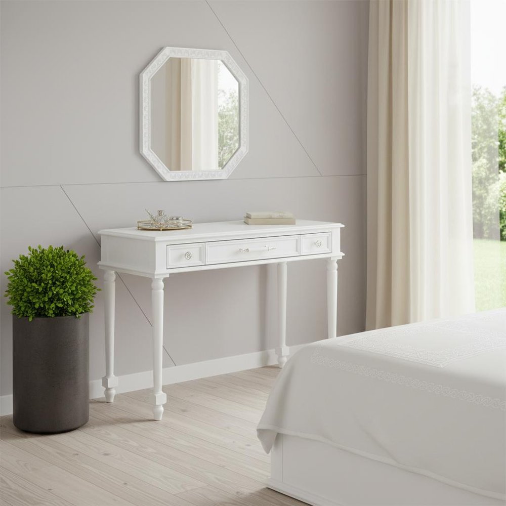 White Wood Mirrored Three Drawer Vanity Table - 39-inch
