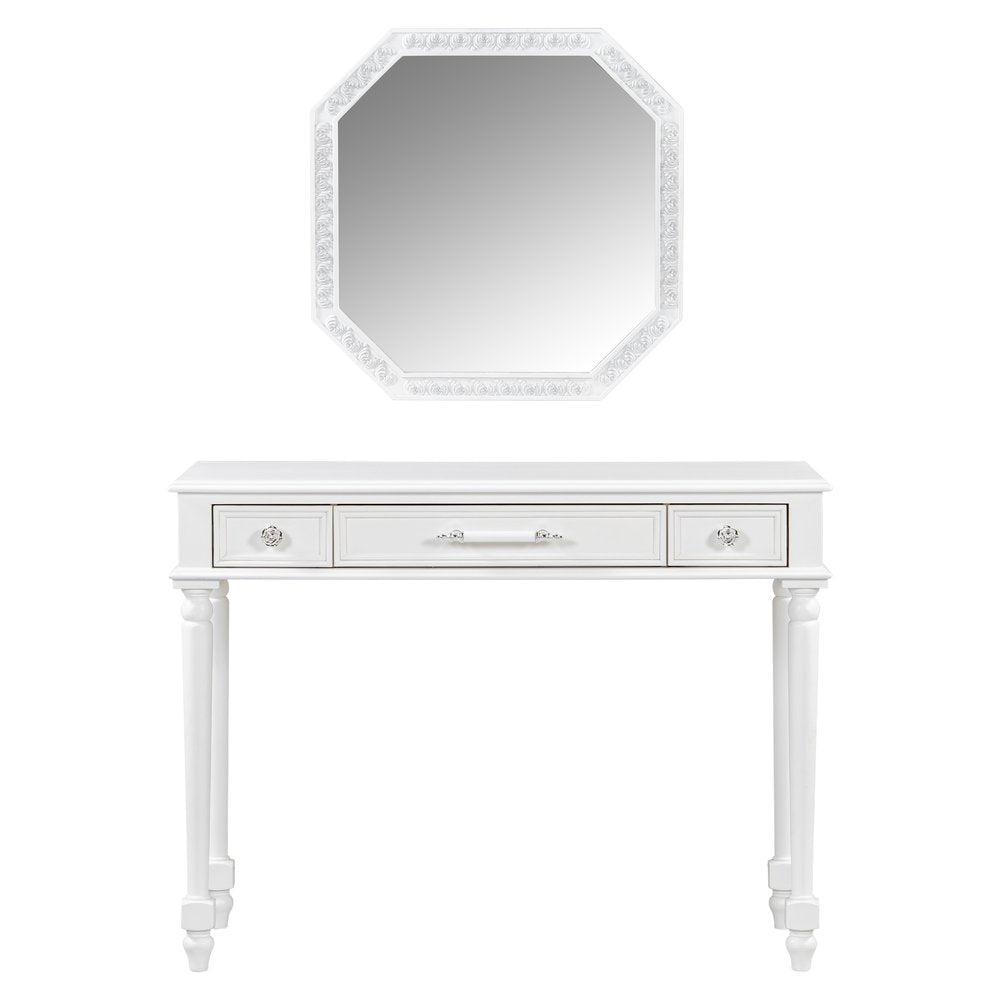 White Wood Mirrored Three Drawer Vanity Table - 39-inch