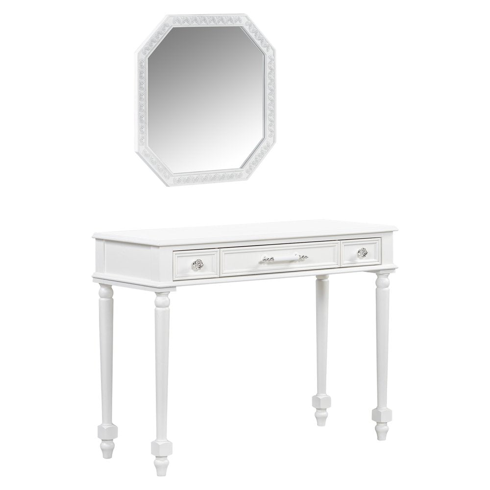 White Wood Mirrored Three Drawer Vanity Table - 39-inch