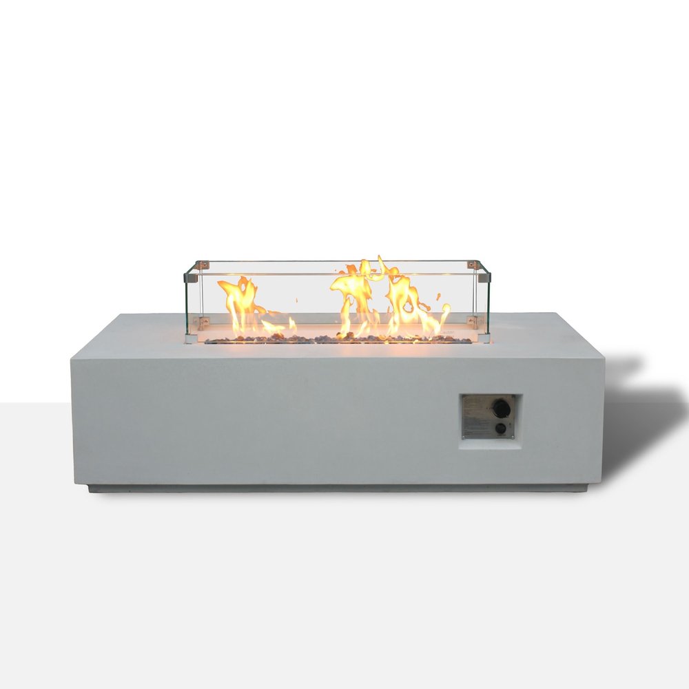 65000 Btu 52 Antiqued White Concrete Propane Rectangular Fire Pit with Cover