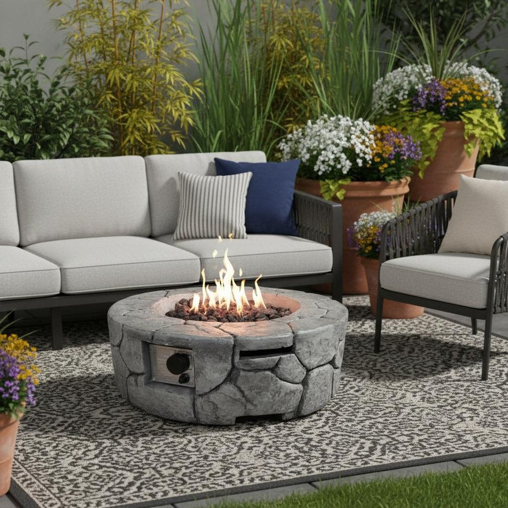 40000 Btu 28 Gray Concrete Propane Round Fire Pit with Cover