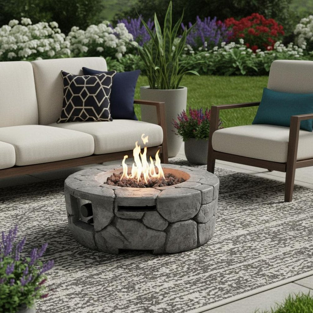 40000 Btu 28 Gray Steel Propane Round Fire Pit with Cover