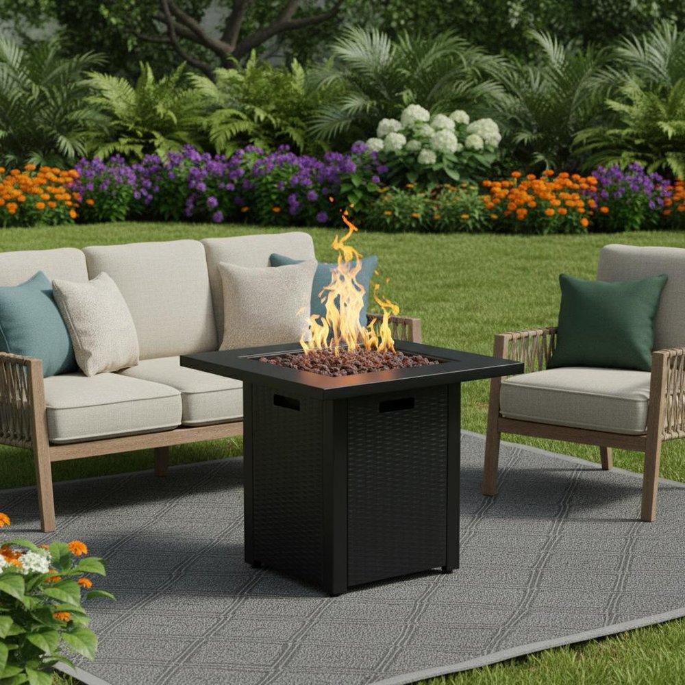 50000 Btu 28 Black Steel Propane Square Fire Pit with Cover