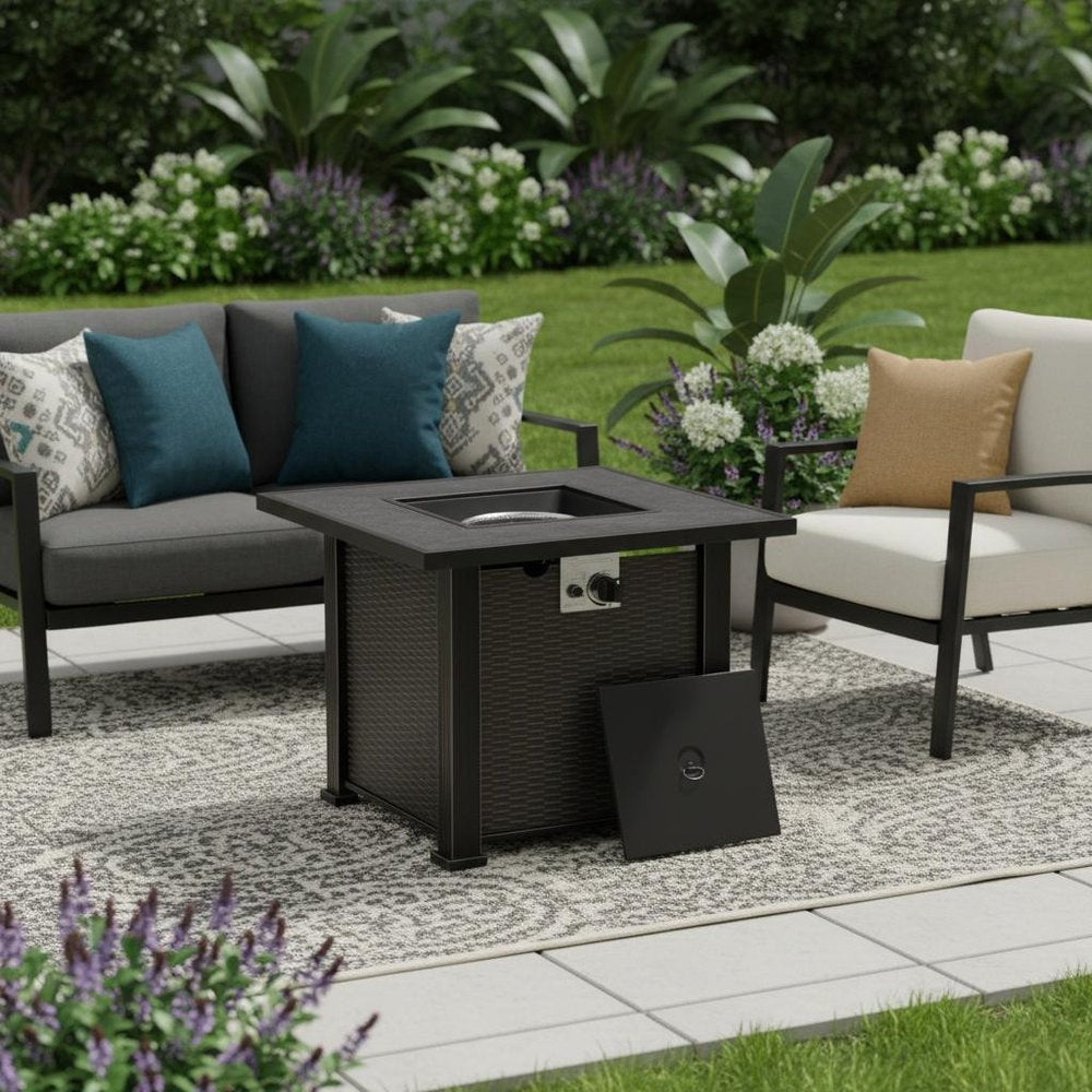 50000 Btu 30 Black Steel Propane Square Fire Pit with Cover