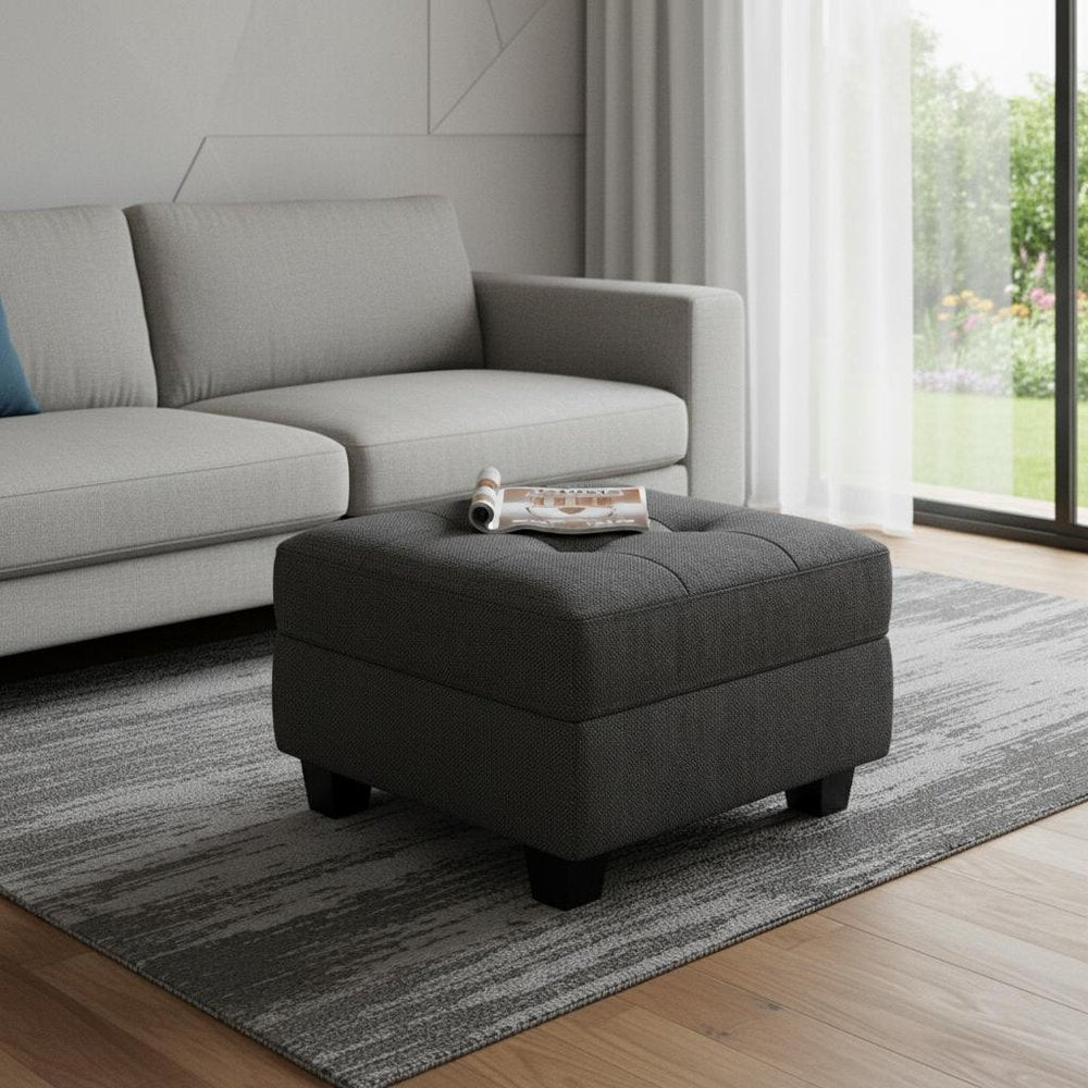 Gray and Black Solid Wood and Linen Tufted Storage Ottoman - 26-inch