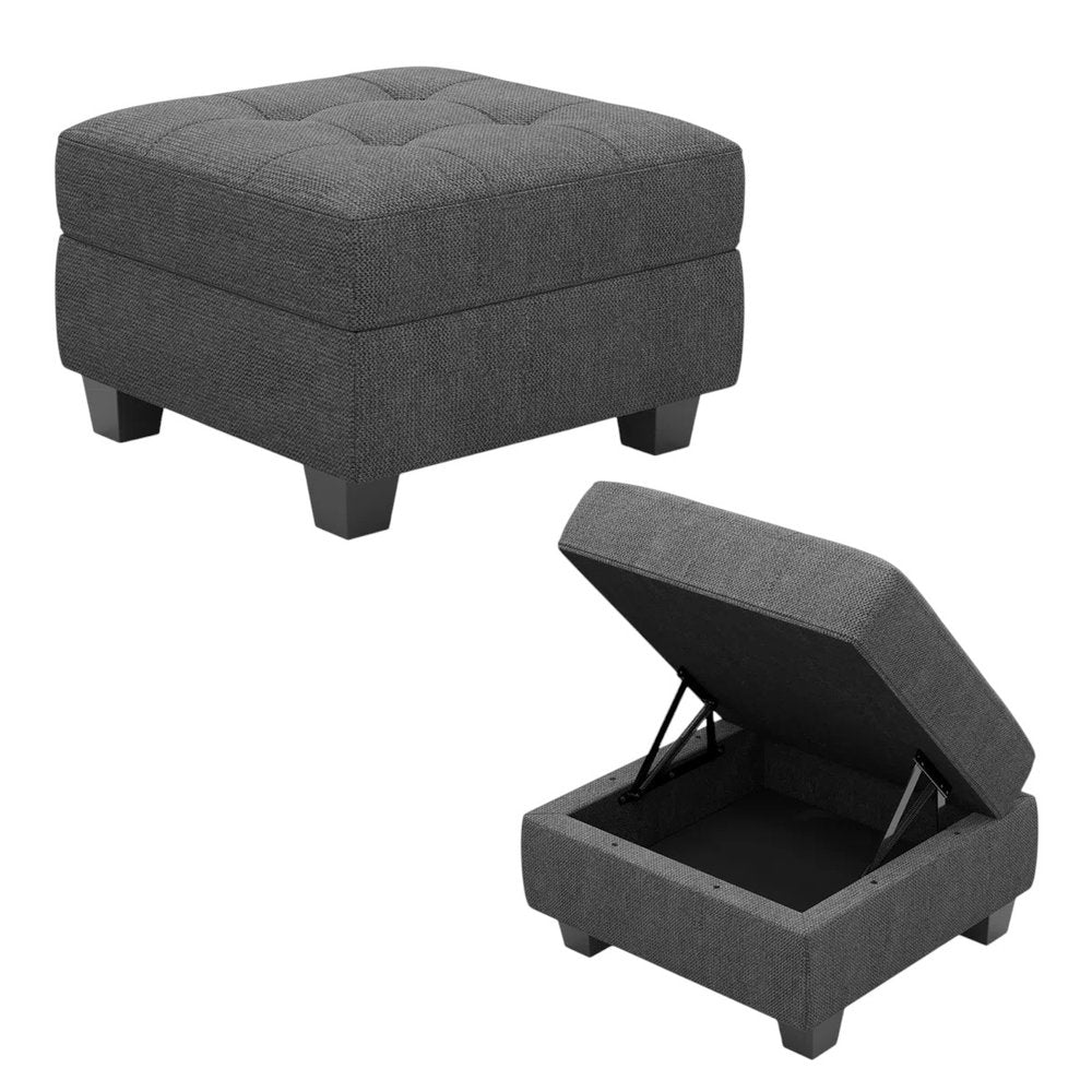 Gray and Black Solid Wood and Linen Tufted Storage Ottoman - 26-inch