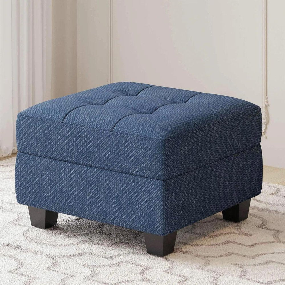 Gray and Black Solid Wood and Linen Tufted Storage Ottoman - 26-inch