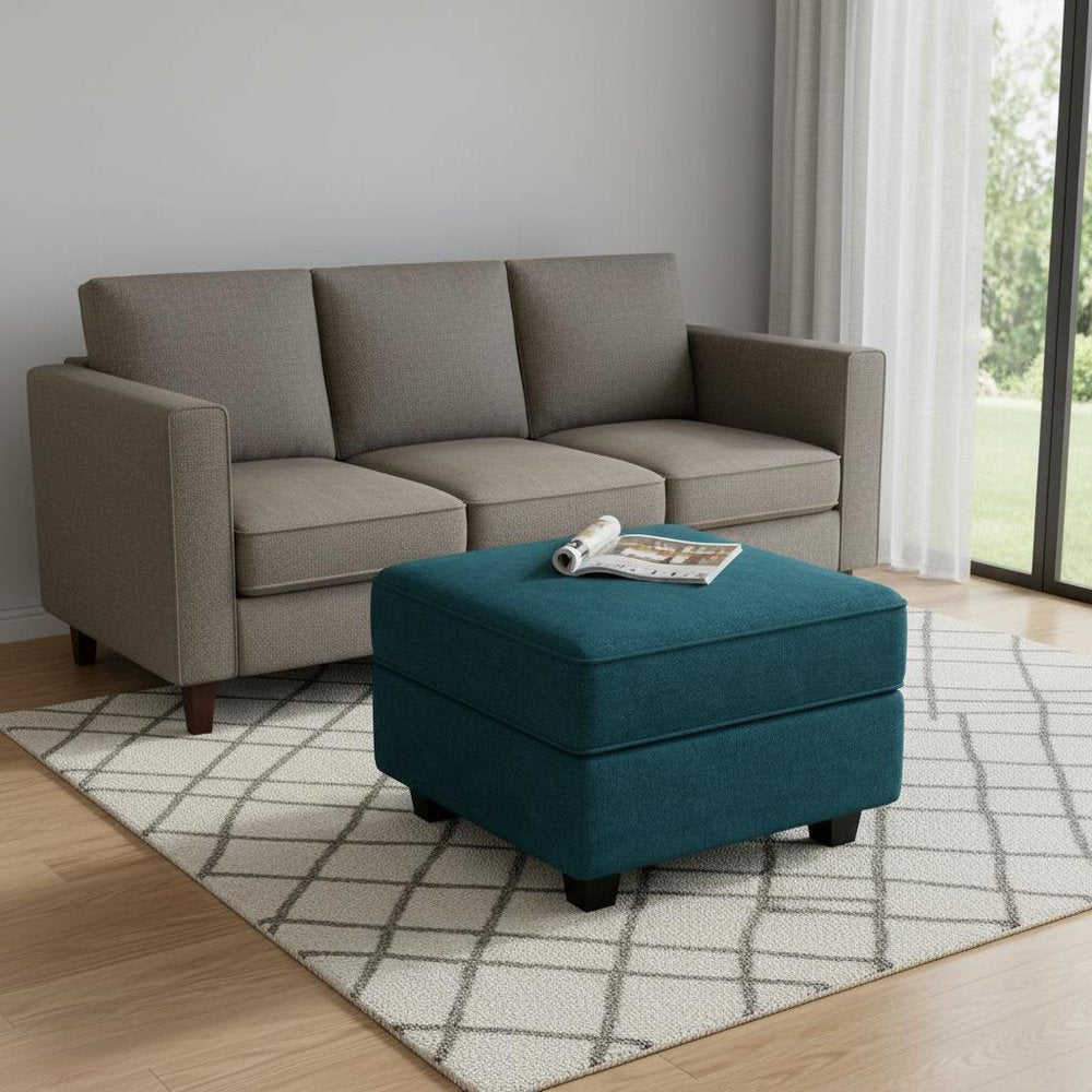 Teal Blue and Black Solid Wood and Microfiber Storage Ottoman - 26-inch