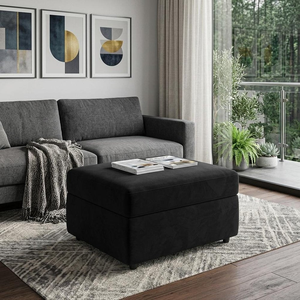 Black Velvet Storage Ottoman - 30-inch