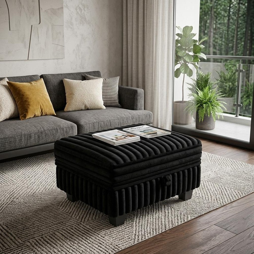 Black Faux Fur Storage Ottoman - 30-inch