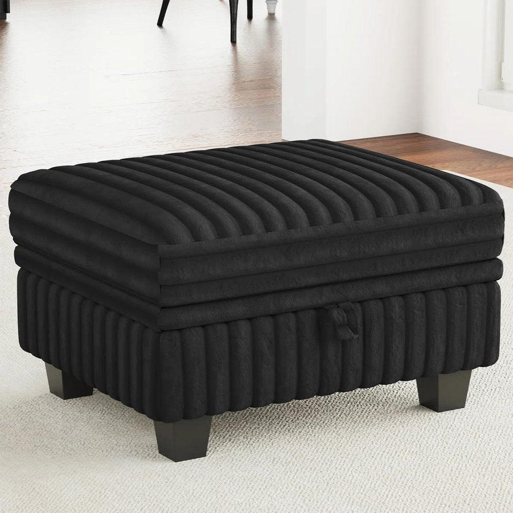 Black Faux Fur Storage Ottoman - 30-inch