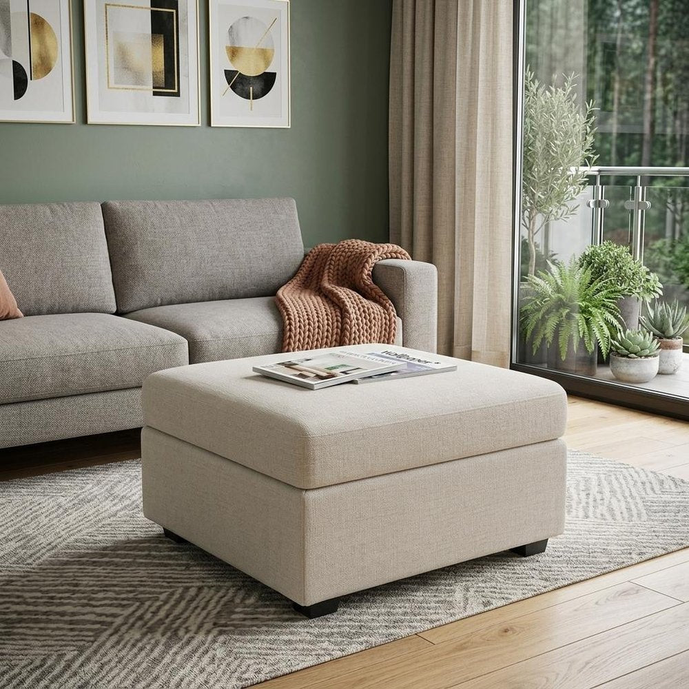 Beige and Black Chenille Storage Ottoman - 30-inch