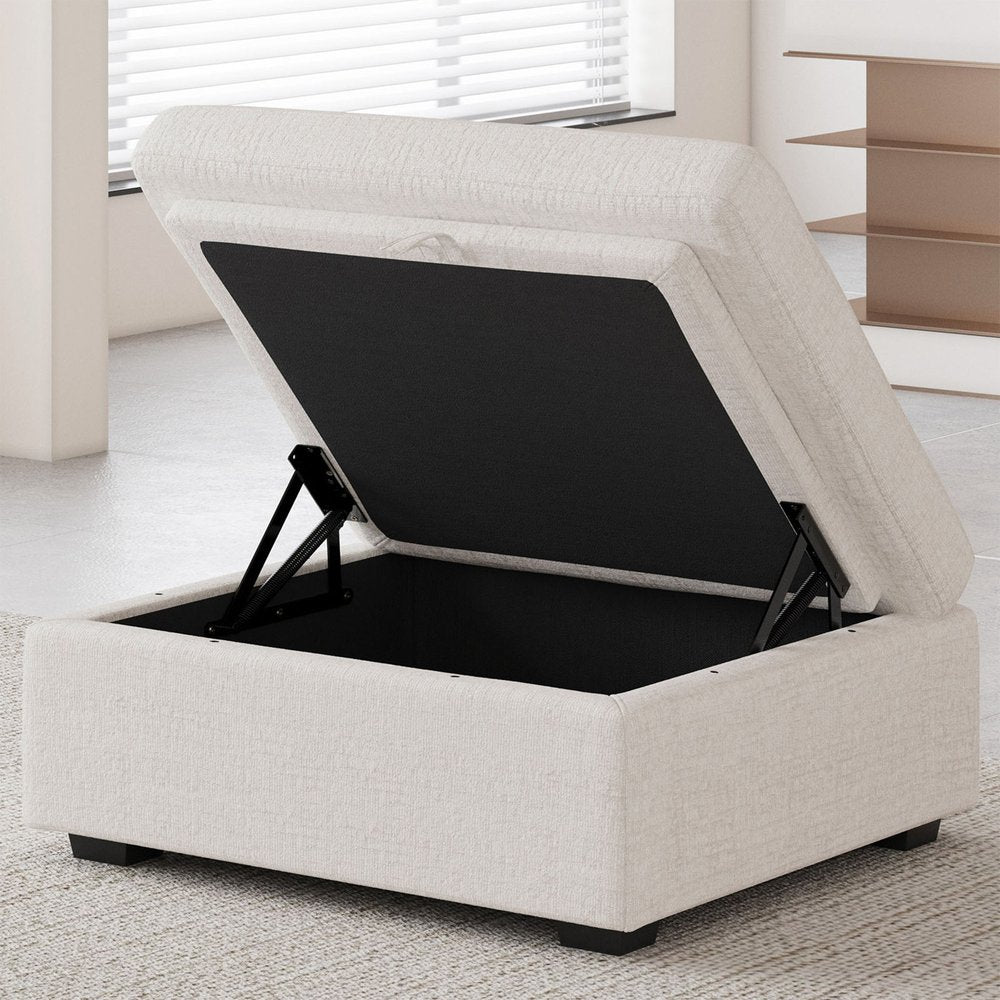 Beige and Black Chenille Storage Ottoman - 30-inch