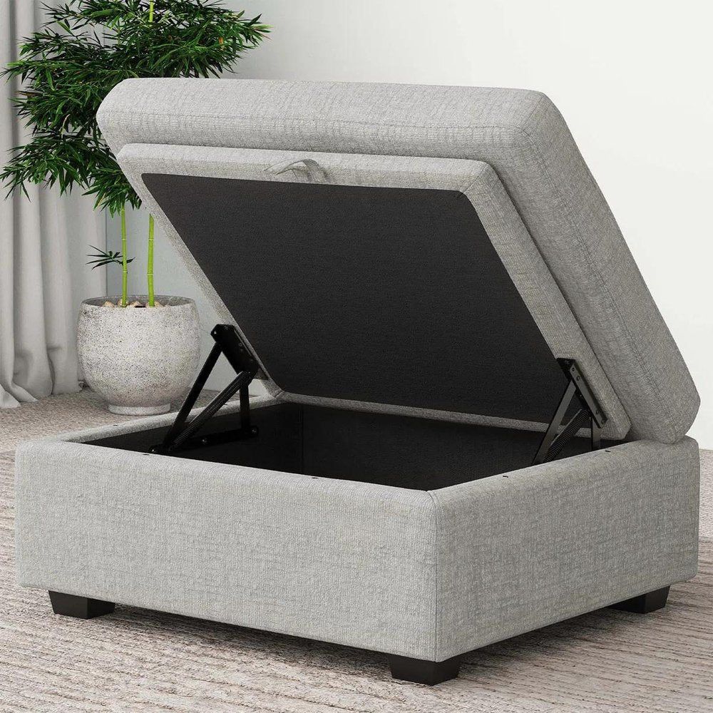Beige and Black Chenille Storage Ottoman - 30-inch