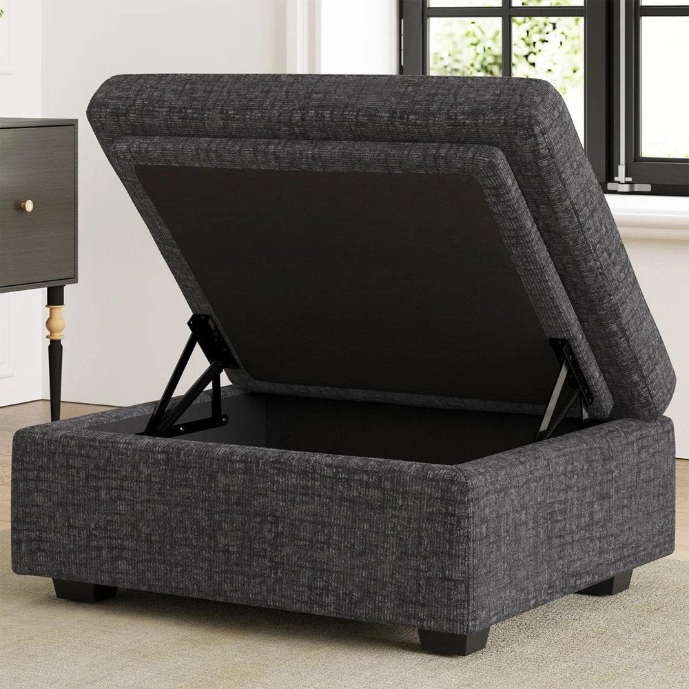 Beige and Black Chenille Storage Ottoman - 30-inch