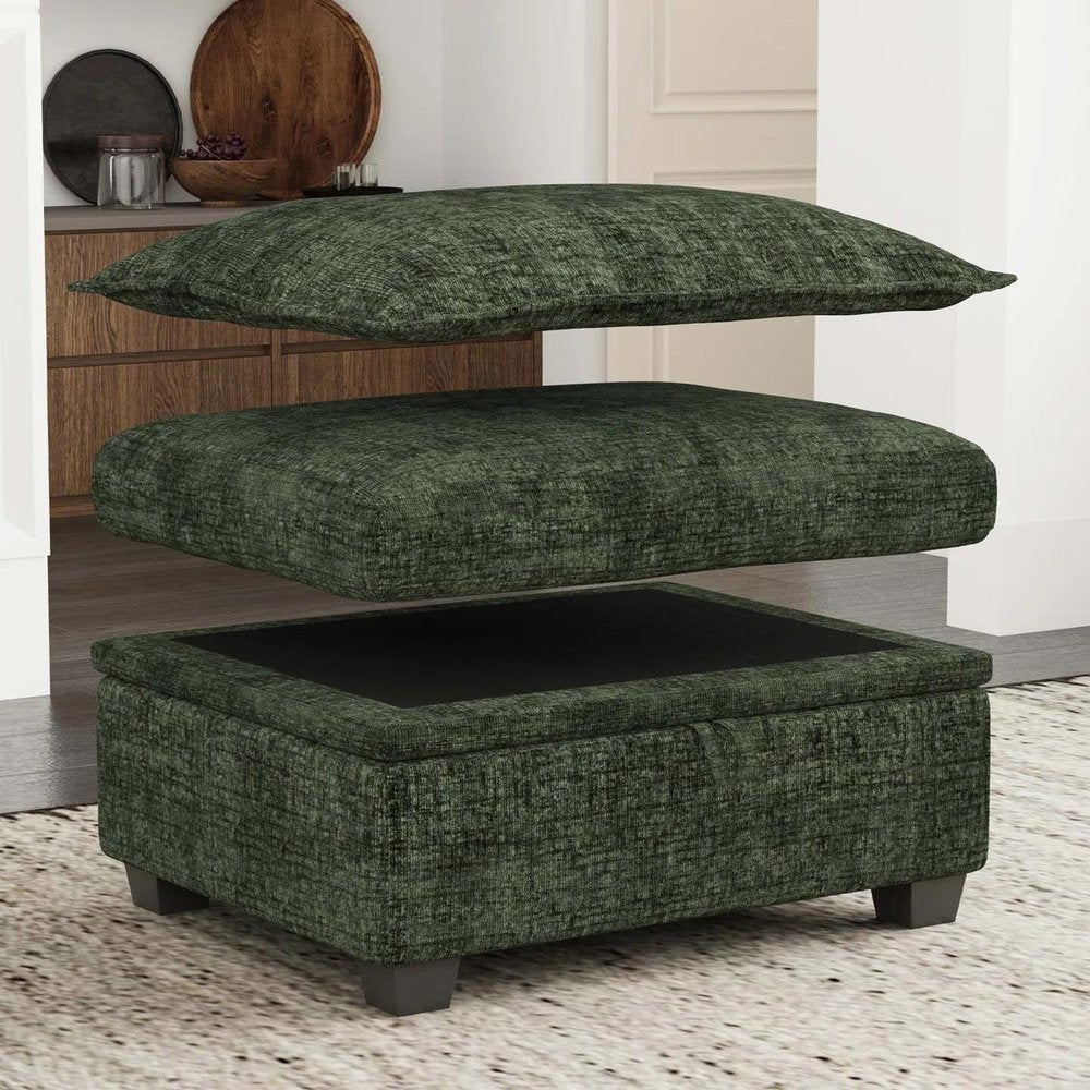 Green and Black Chenille Storage Ottoman - 30-inch