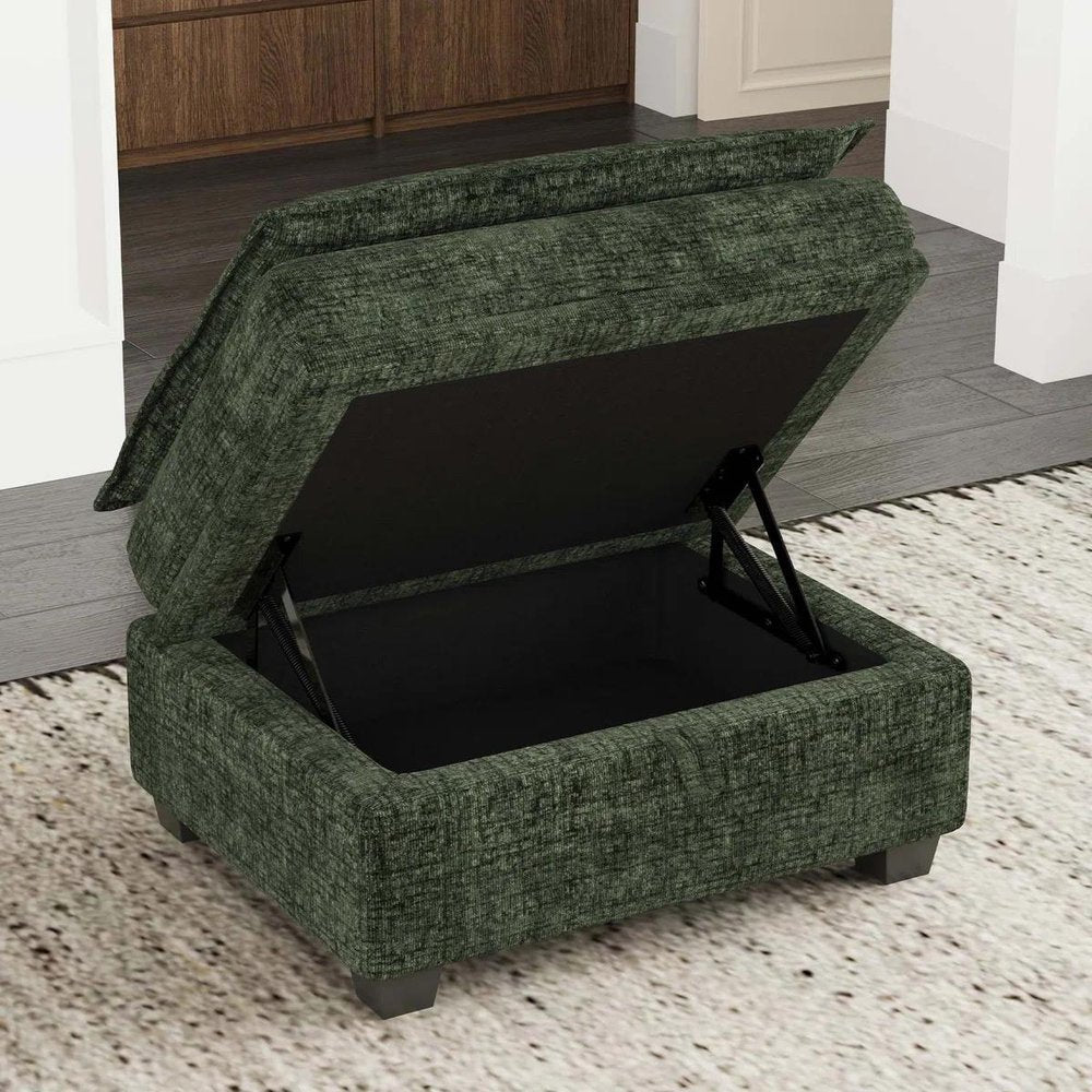 Green and Black Chenille Storage Ottoman - 30-inch