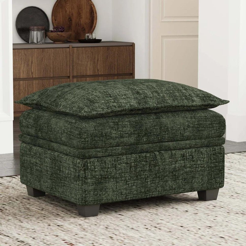 Green and Black Chenille Storage Ottoman - 30-inch