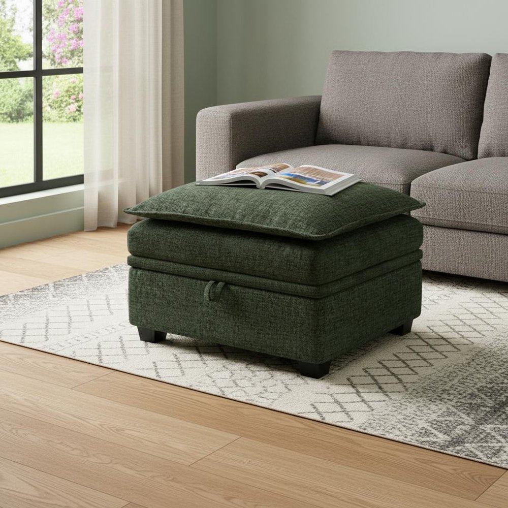 Green and Black Chenille Storage Ottoman - 30-inch