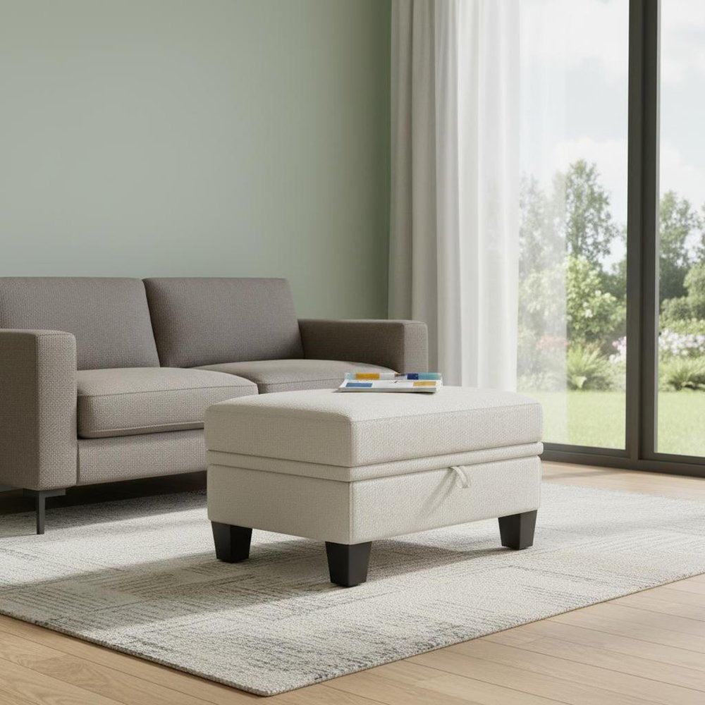 Beige and Black Chenille Storage Ottoman - 29-inch