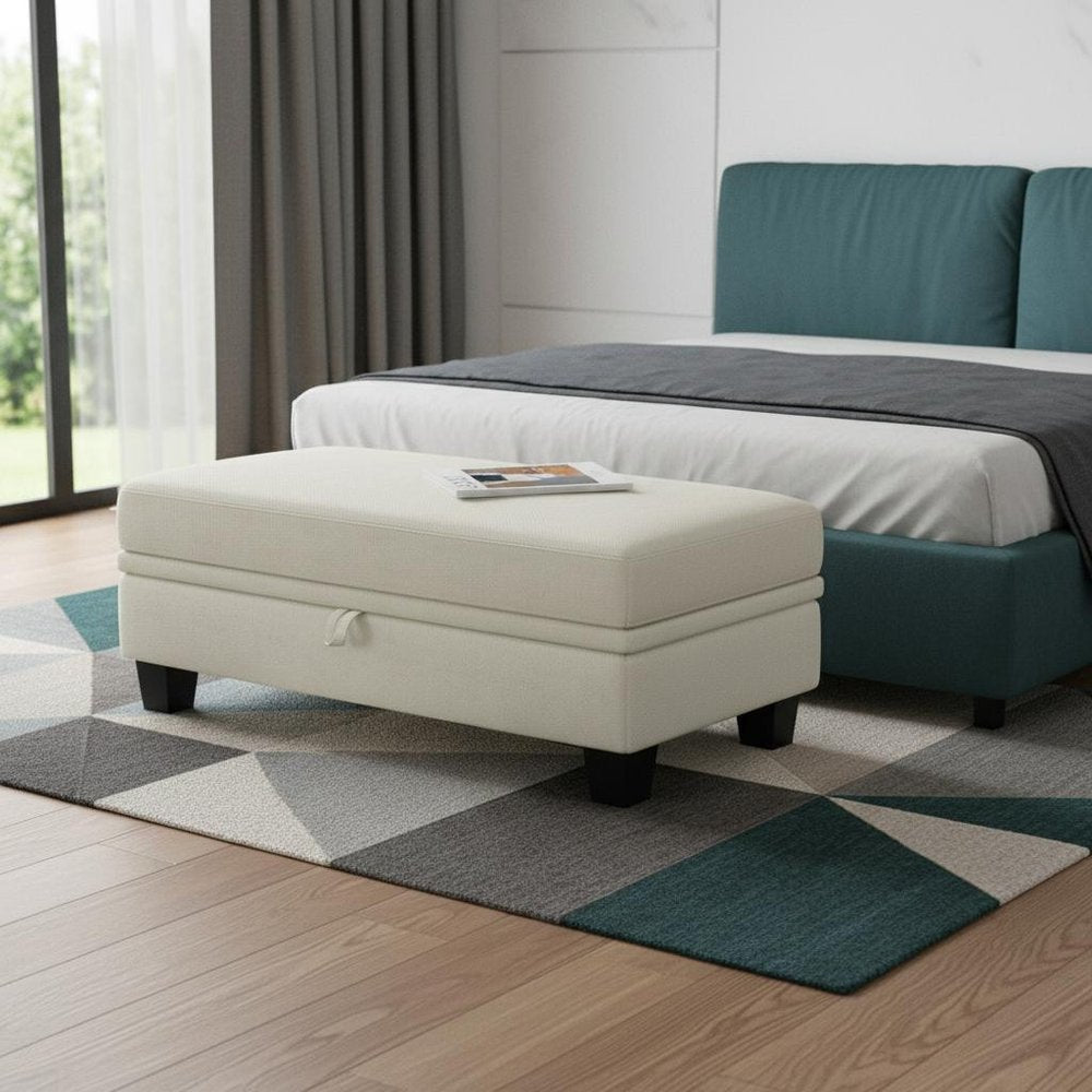 Beige and Black Chenille Storage Ottoman - 46-inch