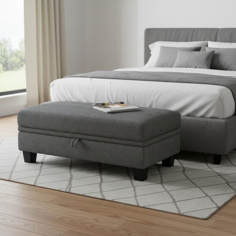 Beige and Black Chenille Storage Ottoman - 46-inch