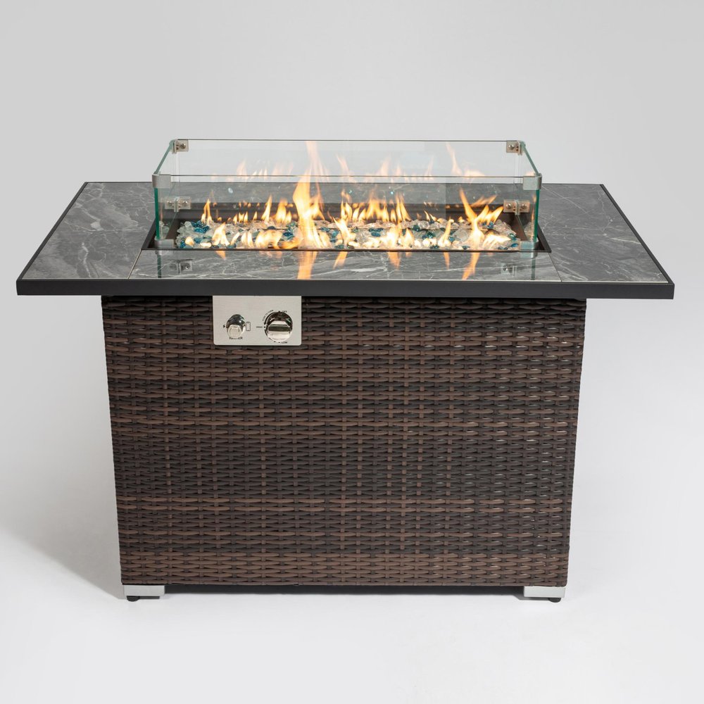 50000 Btu 43 Brown Wicker Propane Rectangular Fire Pit with Cover