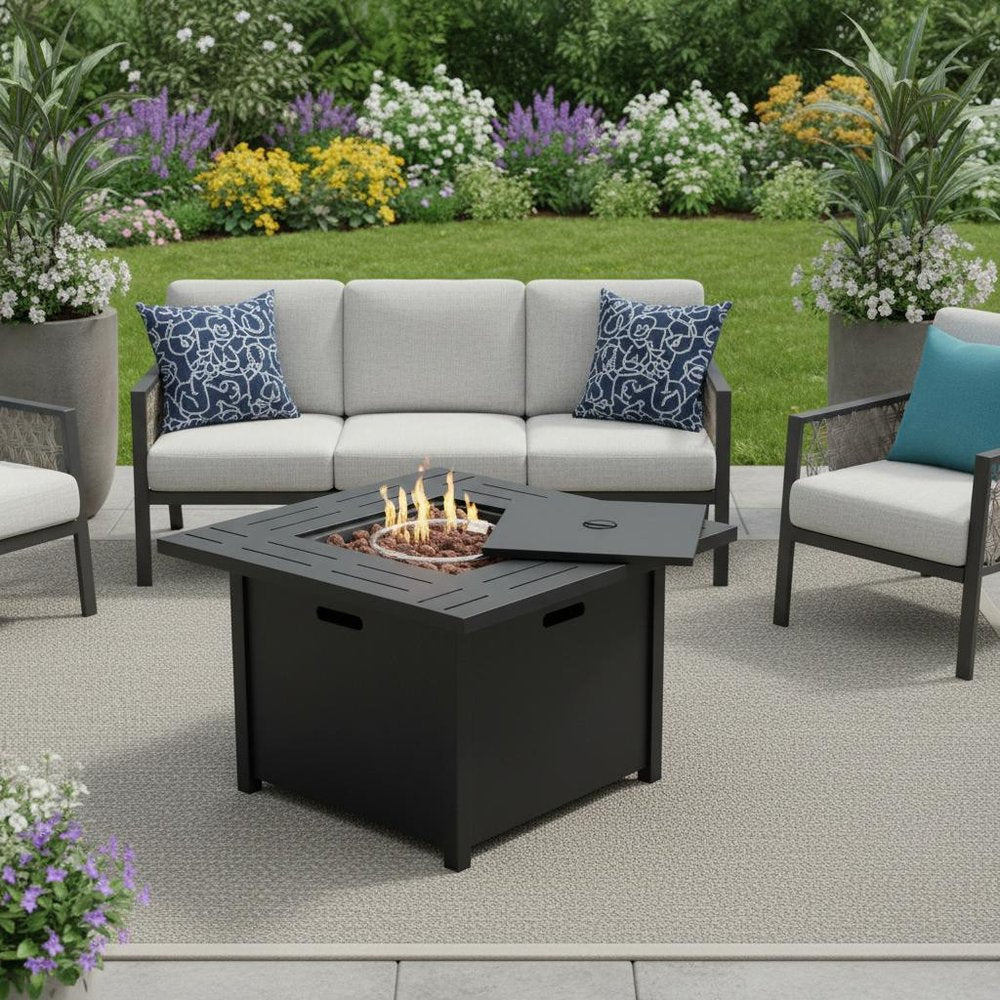 50000 Btu 28 Black Steel Propane Square Fire Pit Table with Cover