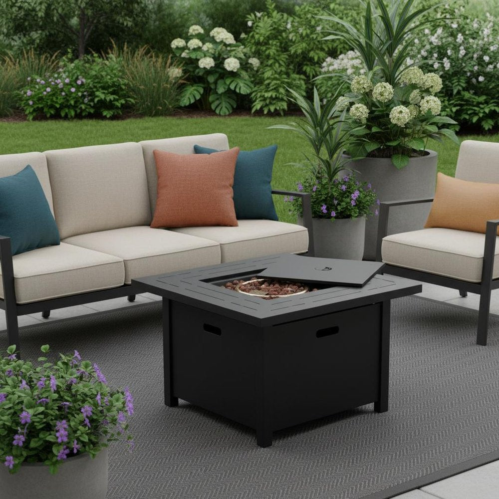 50000 Btu 28 Black Rattan Propane Square Fire Pit with Cover