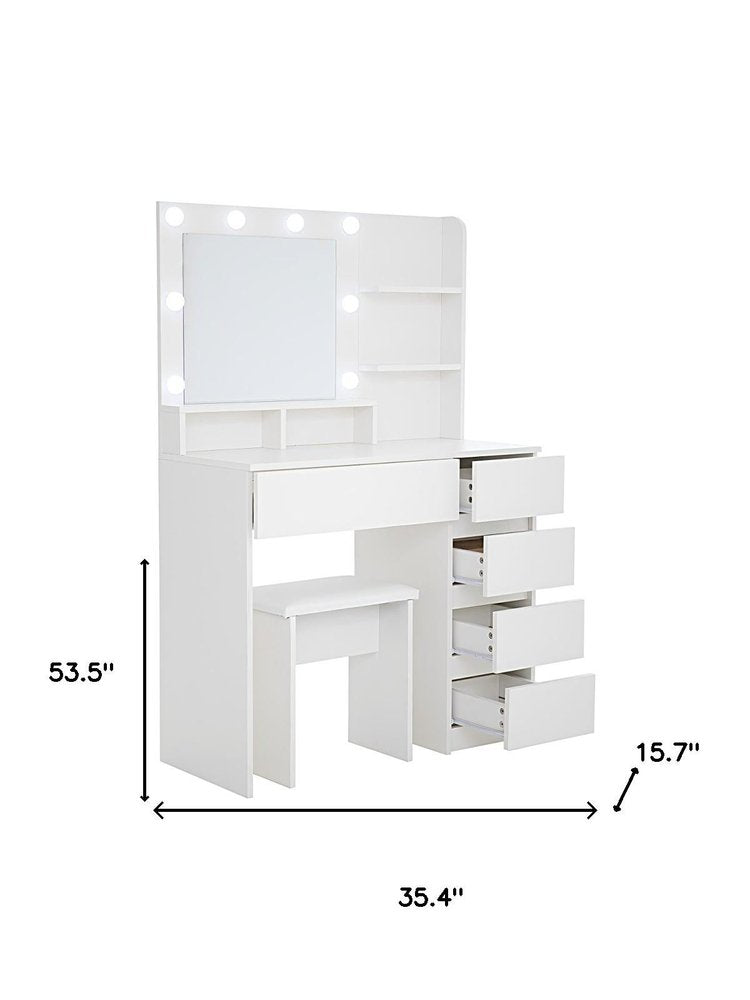 White Wood Five Drawer Vanity Table with Stool Mirror and Lights - 35-inch