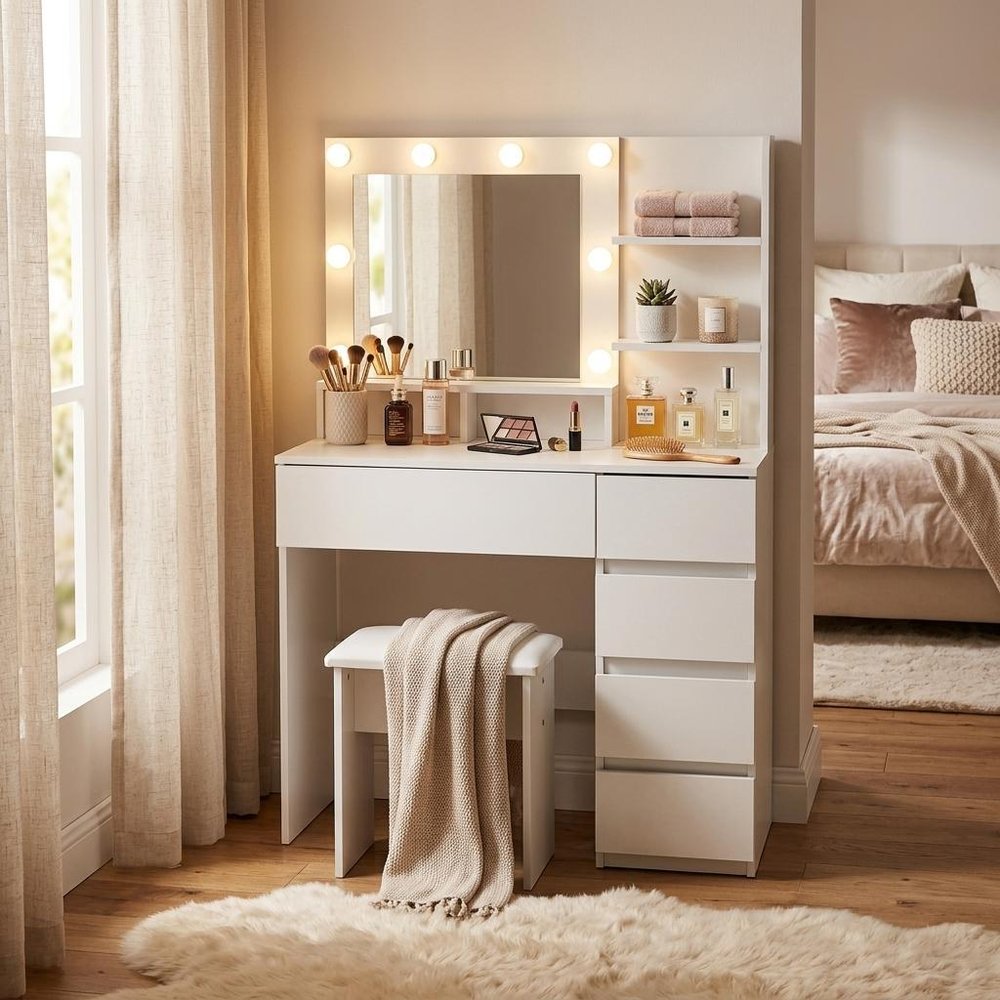 White Wood Five Drawer Vanity Table with Stool Mirror and Lights - 35-inch