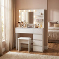 White Wood Five Drawer Vanity Table with Stool Mirror and Lights - 35-inch