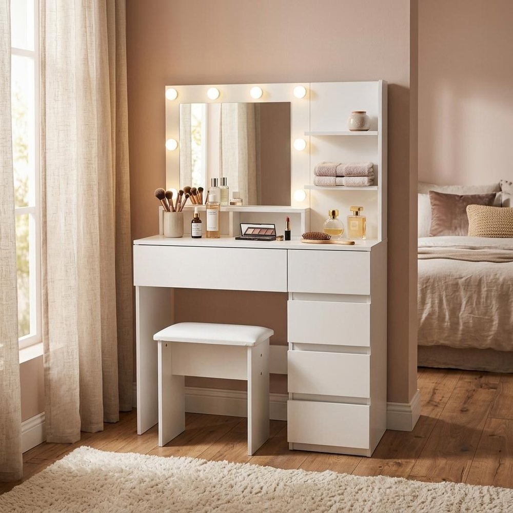 White Wood Five Drawer Vanity Table with Stool Mirror and Lights - 35-inch