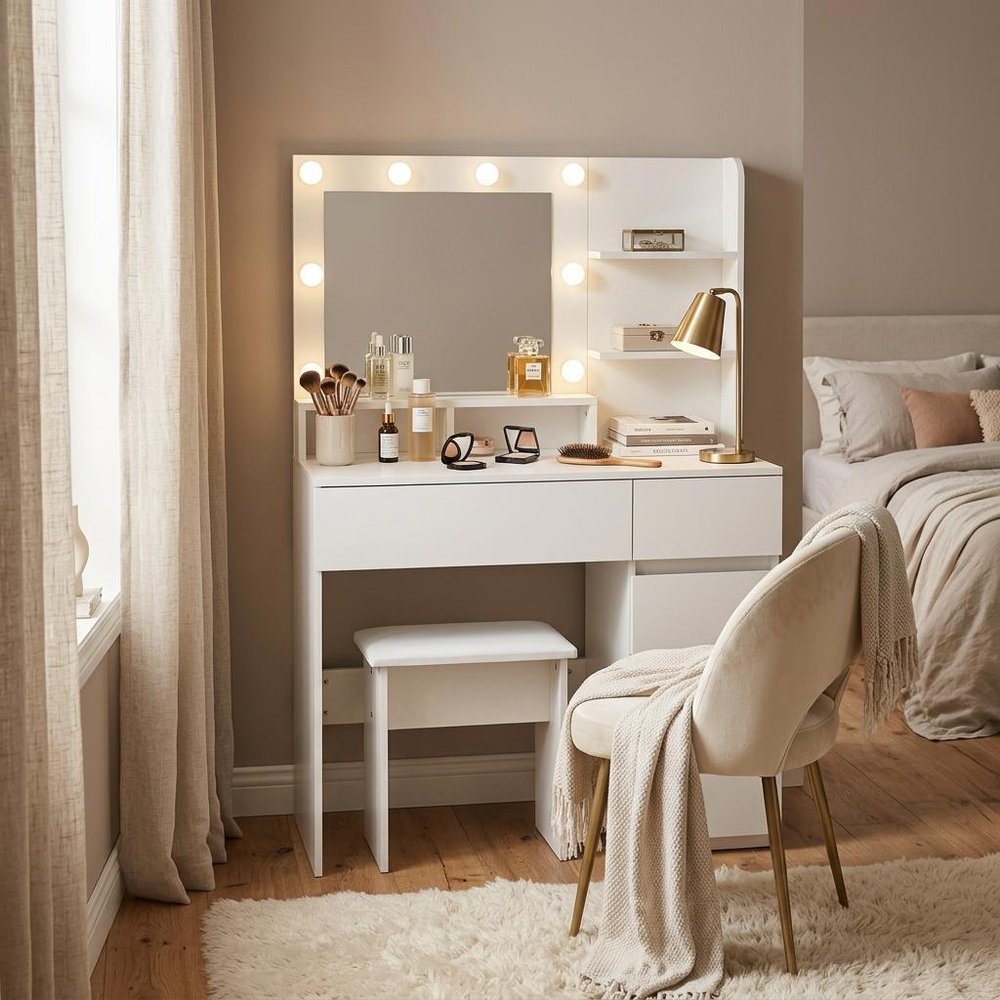 White Wood Five Drawer Vanity Table with Stool Mirror and Lights - 35-inch