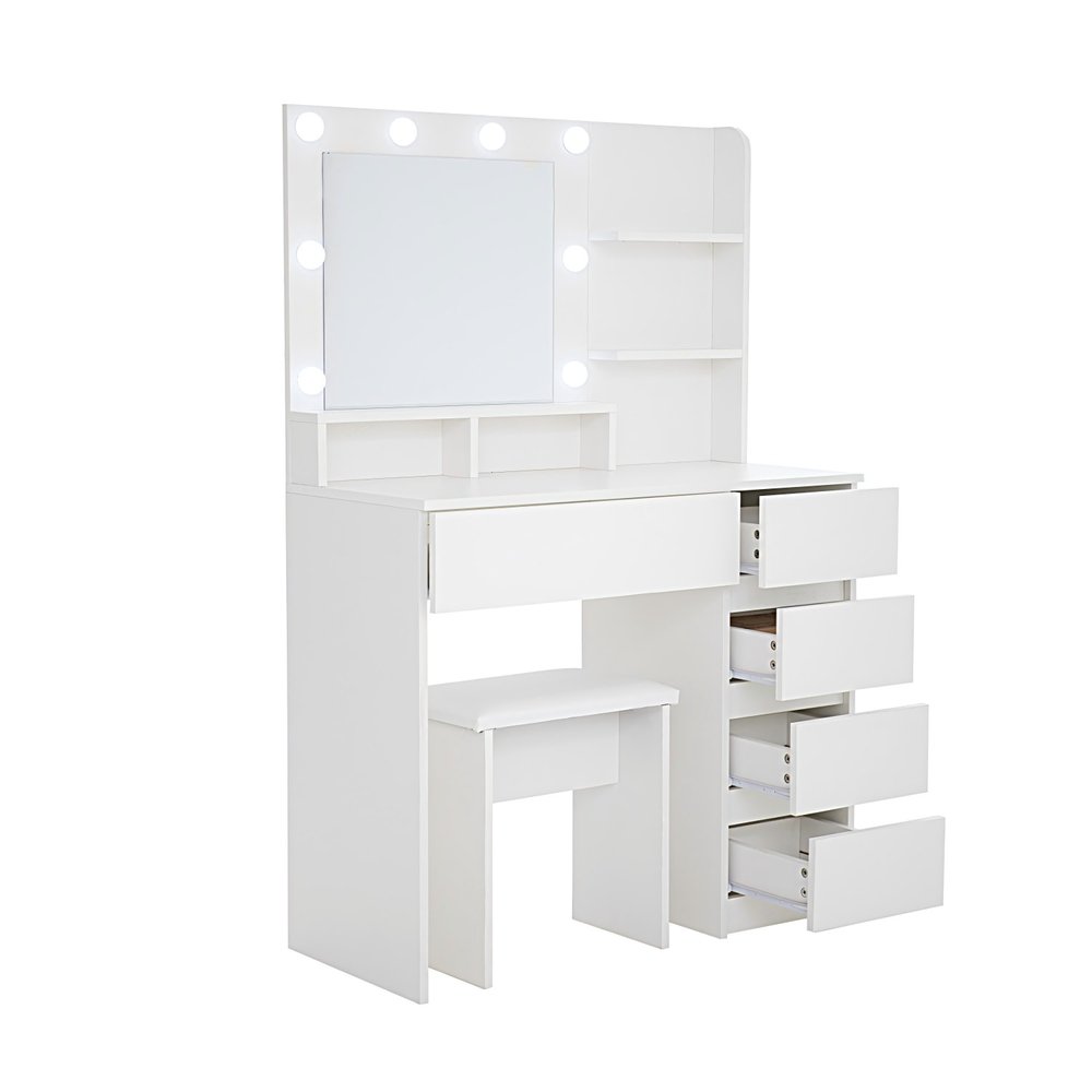 White Wood Five Drawer Vanity Table with Stool Mirror and Lights - 35-inch