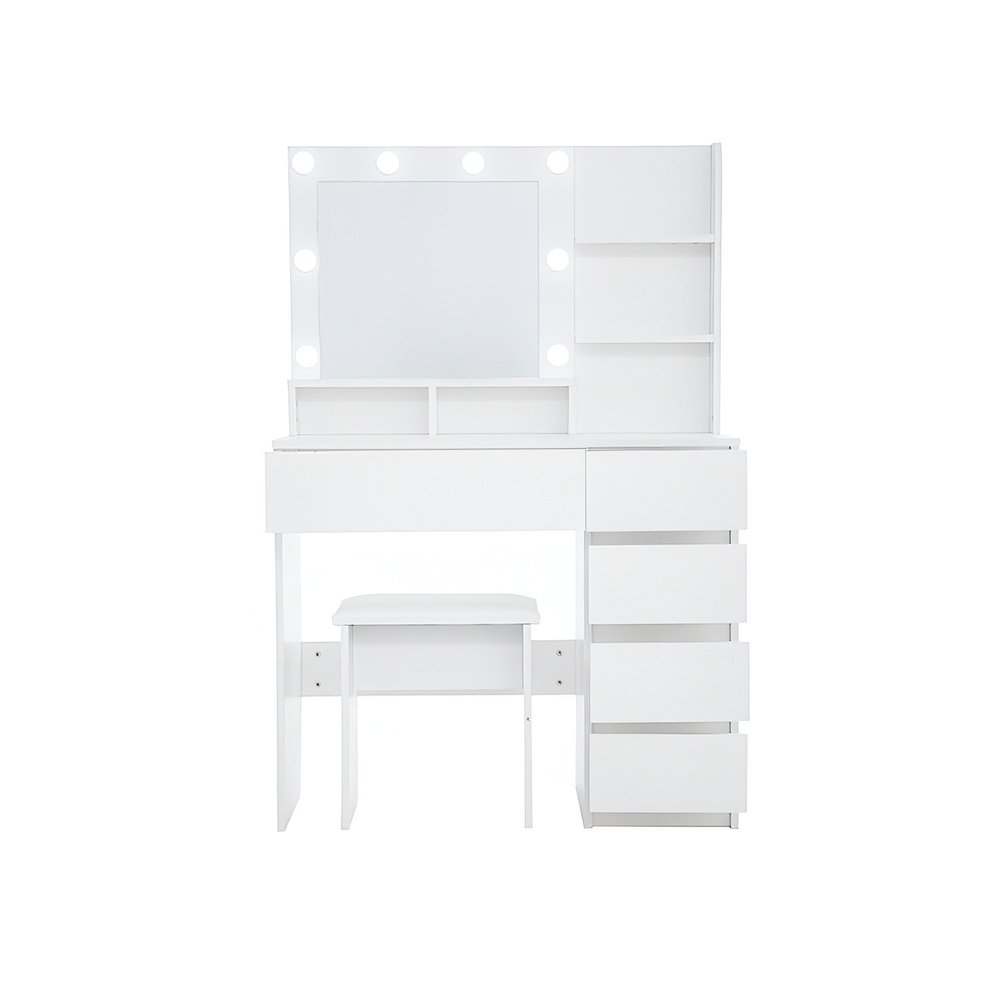 White Wood Five Drawer Vanity Table with Stool Mirror and Lights - 35-inch