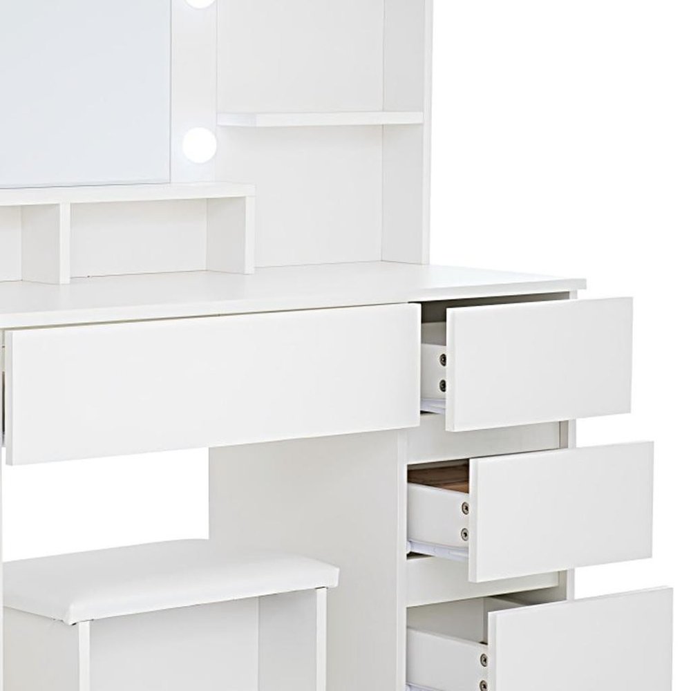 White Wood Five Drawer Vanity Table with Stool Mirror and Lights - 35-inch