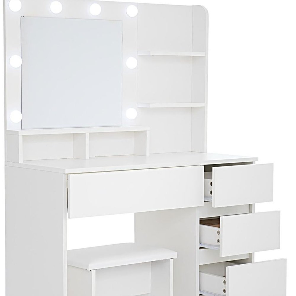 White Wood Five Drawer Vanity Table with Stool Mirror and Lights - 35-inch